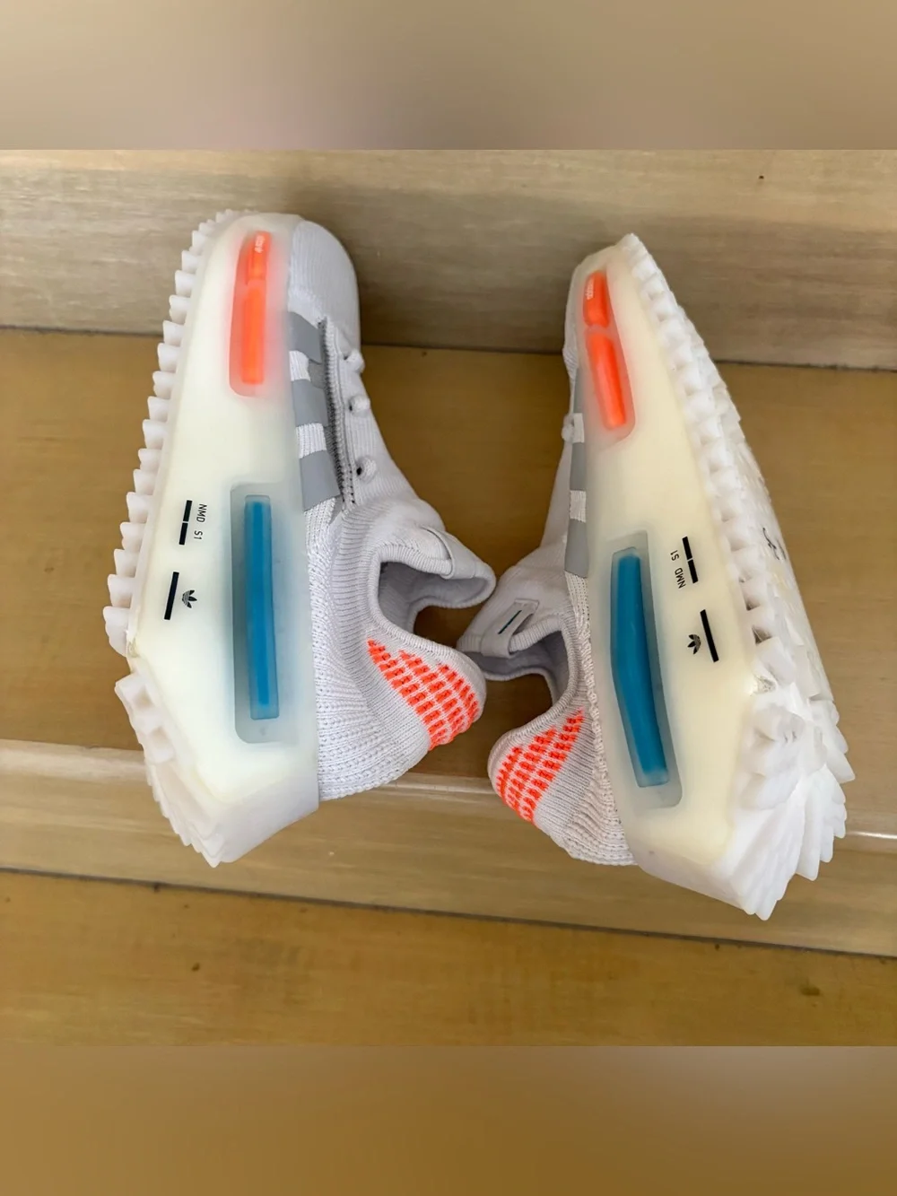 Adidas nmd s1 White Knit Sneaker with Gray Stripes and Accent Colors